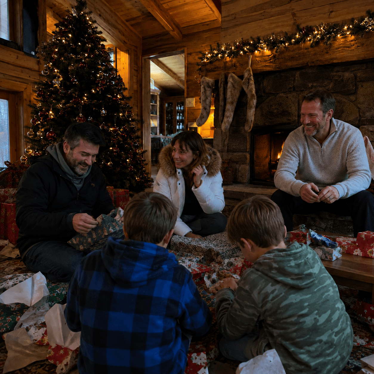 Opening presents around the fireplace